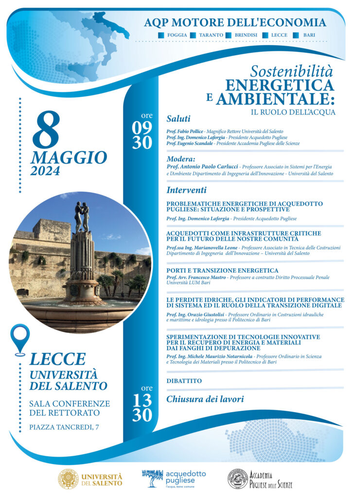 8 maggio 2024 - Convegno Sostenibilità energetica e ambientale Il ruolo dell’acqua - Accademia Pugliese delle Scienze - Acquedotto Pugliese